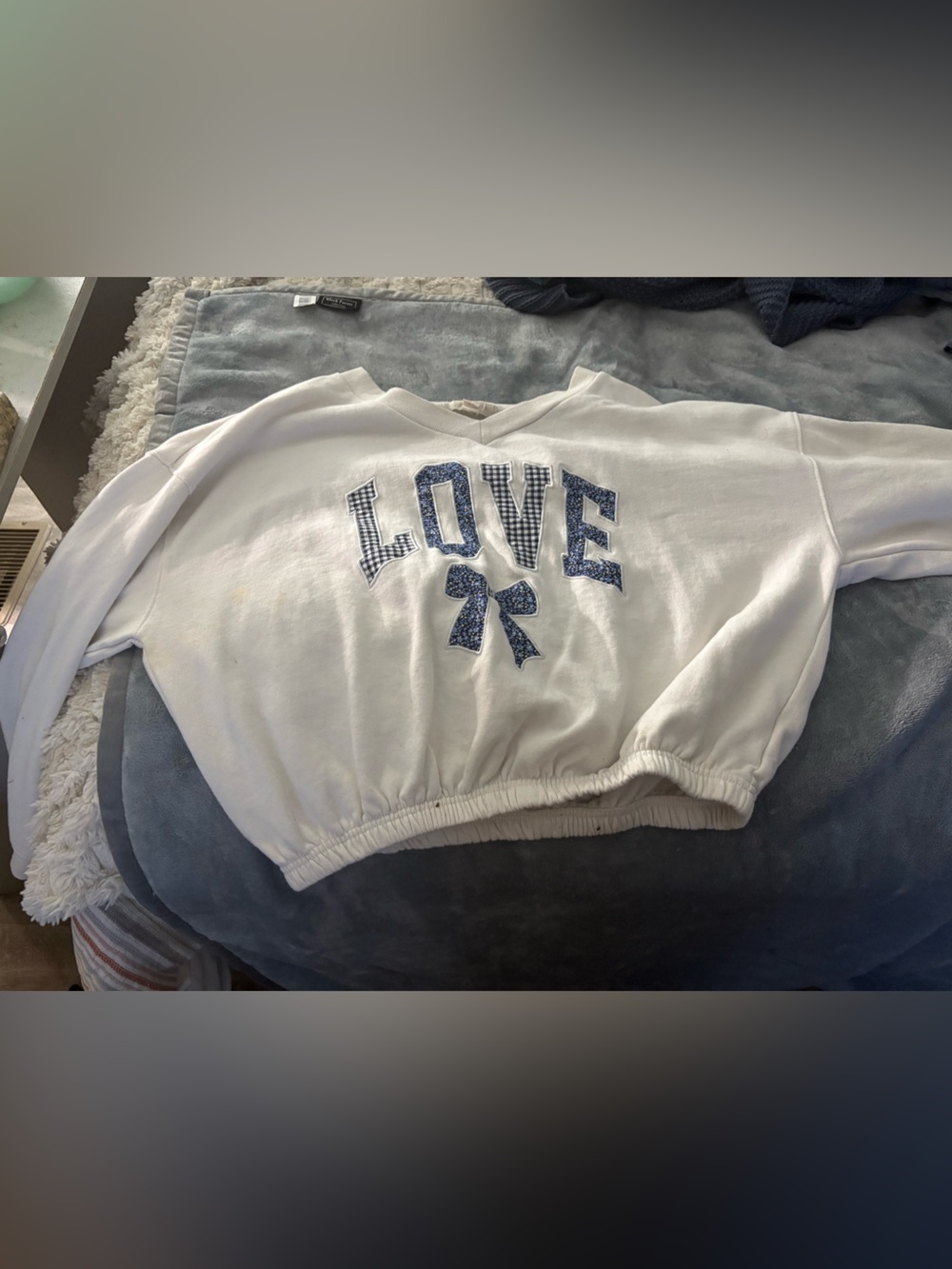 Pacsun never worn White 'LOVE' Cropped Sweater with Blue Sequin Accent